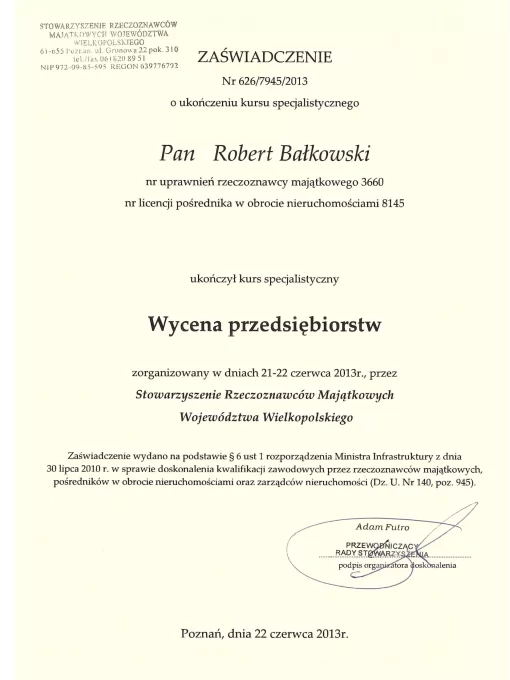 Zaświadczenie o Ukończeniu Kursu Specjalistycznego Wycena Przedsiębiorstw Robert Bałkowski